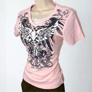Pink Smoke and Wings Graphic V-Neck Fitted Baby Tee Women’s Size XS
